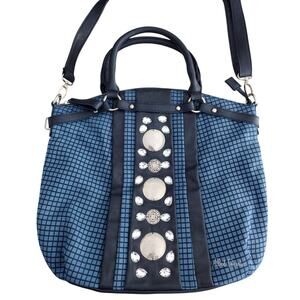 Alfred Durante EUC Blue Two-Tone Grid Pattern Silver Embellishments Bag/Purse